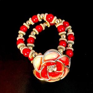 Red and silver double crossed charm bracelet